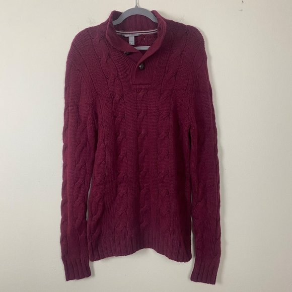 Fossil Brand Mens Burgundy Red Pullover Cable Knit Fisherman Sweater Size S Ango - Picture 5 of 12
